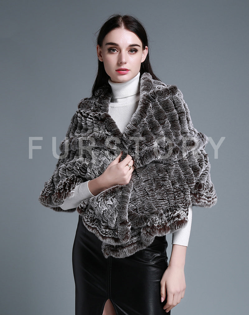 FUR STORY Real Knitted rabbit fur cloaks Womens shawl poncho stole cape wrap 070124