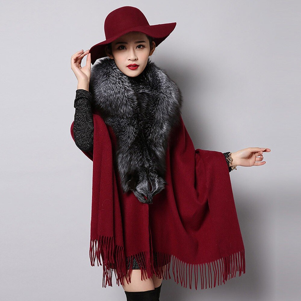 Fashion Cashmere Shawl with Big Fox Collar Natural Fur Poncho 15727