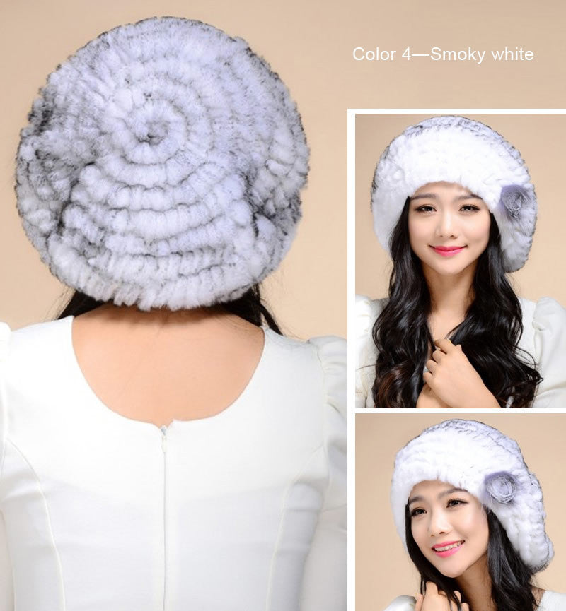 Winter Hats Knitted Real REX Rabbit Fur Hat Good Quality Beret Cap Popular Fur Flower Decorative Headgear Headdress Head Warmer Womens Beanies for Winter FS14601