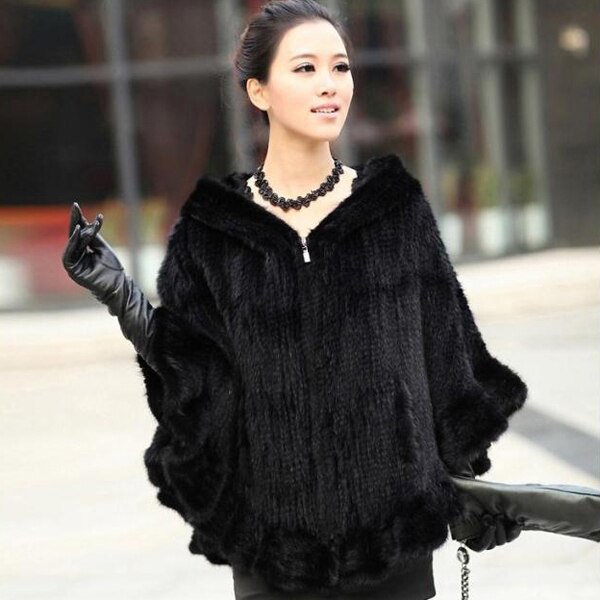 FUR STORY Womens Knitted Mink Fur Shawl Real Fur Scarf Natural Mink Poncho Coat 070304