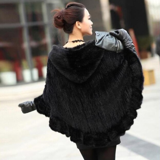 FUR STORY Womens Knitted Mink Fur Shawl Real Fur Scarf Natural Mink Poncho Coat 070304