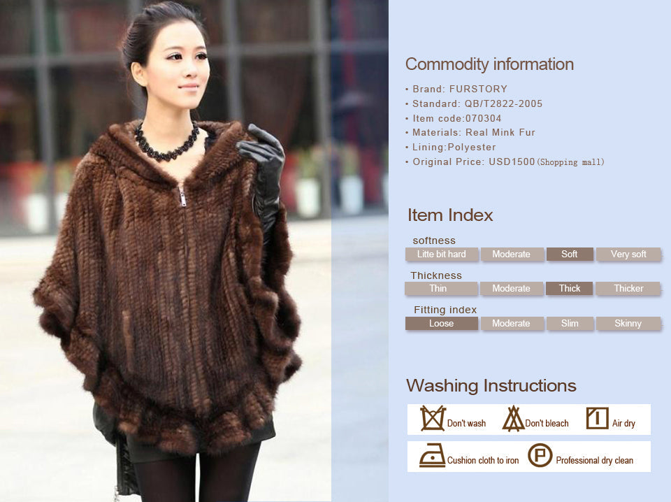 FUR STORY Womens Knitted Mink Fur Shawl Real Fur Scarf Natural Mink Poncho Coat 070304