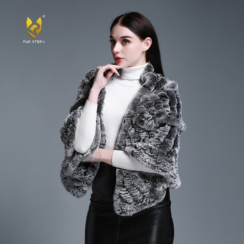 FUR STORY Real Knitted rabbit fur cloaks Womens shawl poncho stole cape wrap 070124