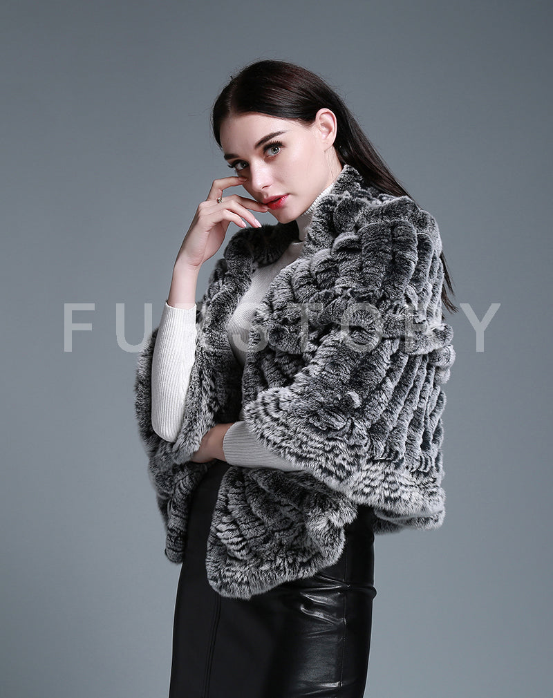 FUR STORY Real Knitted rabbit fur cloaks Womens shawl poncho stole cape wrap 070124