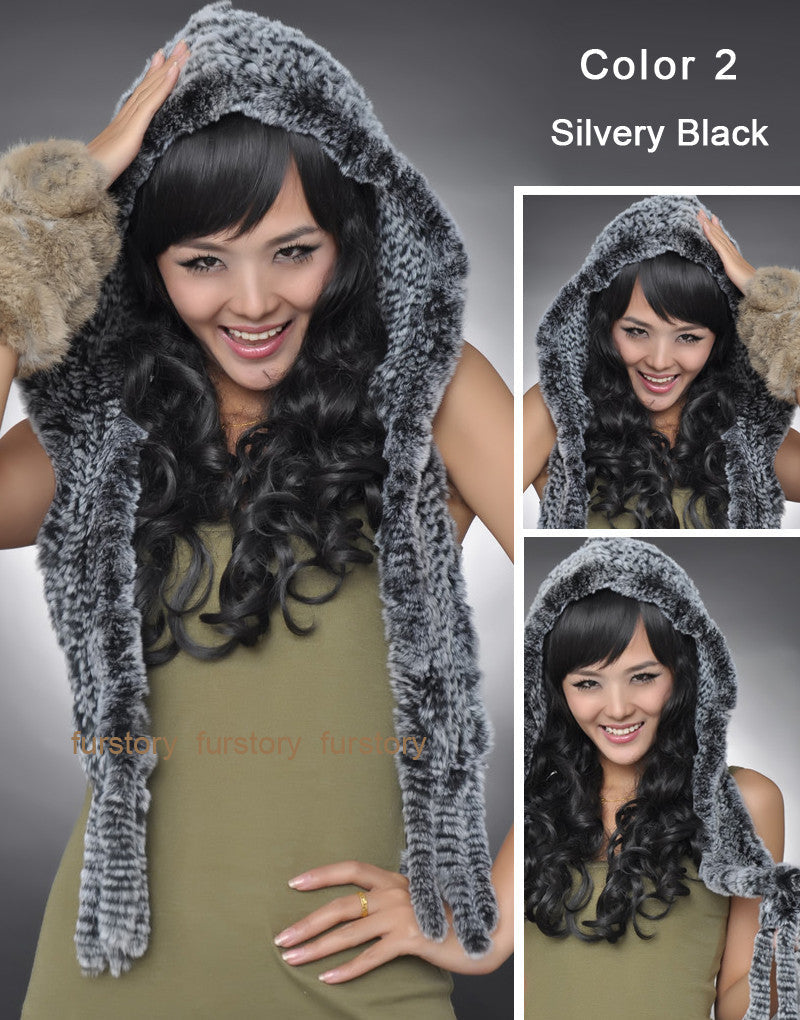 Real Knitted REX Rabbit Fur Hat Ear Muff Earwarmer Scarf Cap Soft and Fashionable 3 Use 6colors Shipping Free FS060109