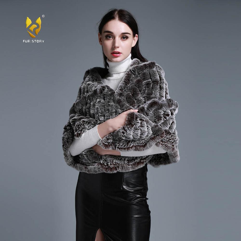 FUR STORY Real Knitted rabbit fur cloaks Womens shawl poncho stole cape wrap 070124