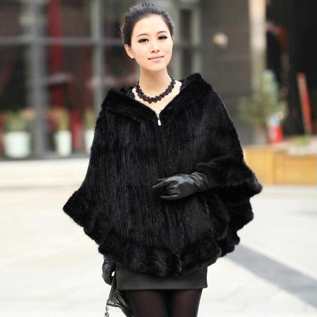 FUR STORY Womens Knitted Mink Fur Shawl Real Fur Scarf Natural Mink Poncho Coat 070304
