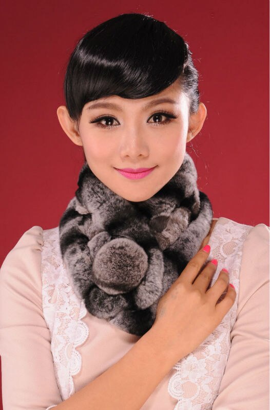 Real REX Rabbit Fur Scarf Ball Wrap Cape Shawl Neck Warmer Scarf Women 13503