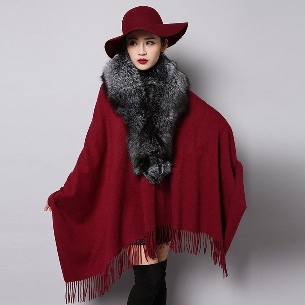 Fashion Cashmere Shawl with Big Fox Collar Natural Fur Poncho 15727
