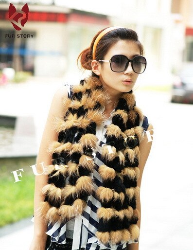 Cut Silver Fox Fur C/w Rex Rabbit Fur Scarf Wrap Cape Shawl Best Christmas Gift Silver Gray Color FS050202S