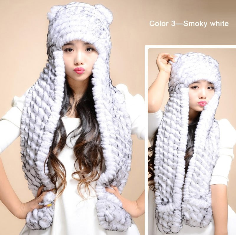 Winter Hats for Women with Ear Flaps Knitted Real REX Rabbit Fur Hat Multi-used Scarf Glove Cute Beanie Winter Fur Cap Headgear Head Warmer Headdress FS14611