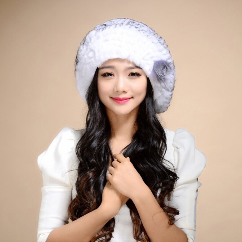 Winter Hats Knitted Real REX Rabbit Fur Hat Good Quality Beret Cap Popular Fur Flower Decorative Headgear Headdress Head Warmer Womens Beanies for Winter FS14601