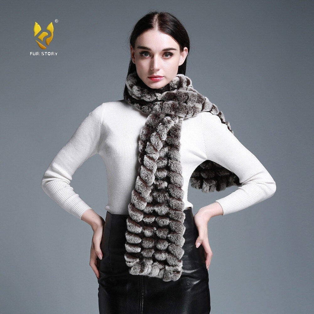 FUR STORY Real Rex Rabbit Fur knitting Scarf Neck Warmer Scarves Shawl Poncho Stole luxury fur scarf lady scarf 050102