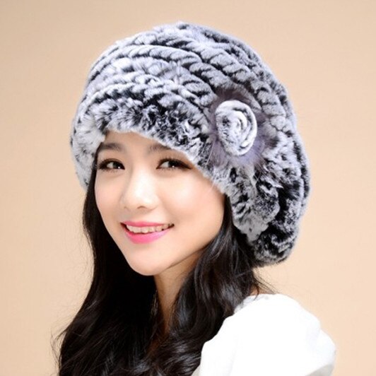 Winter Hats Knitted Real REX Rabbit Fur Hat Good Quality Beret Cap Popular Fur Flower Decorative Headgear Headdress Head Warmer Womens Beanies for Winter FS14601