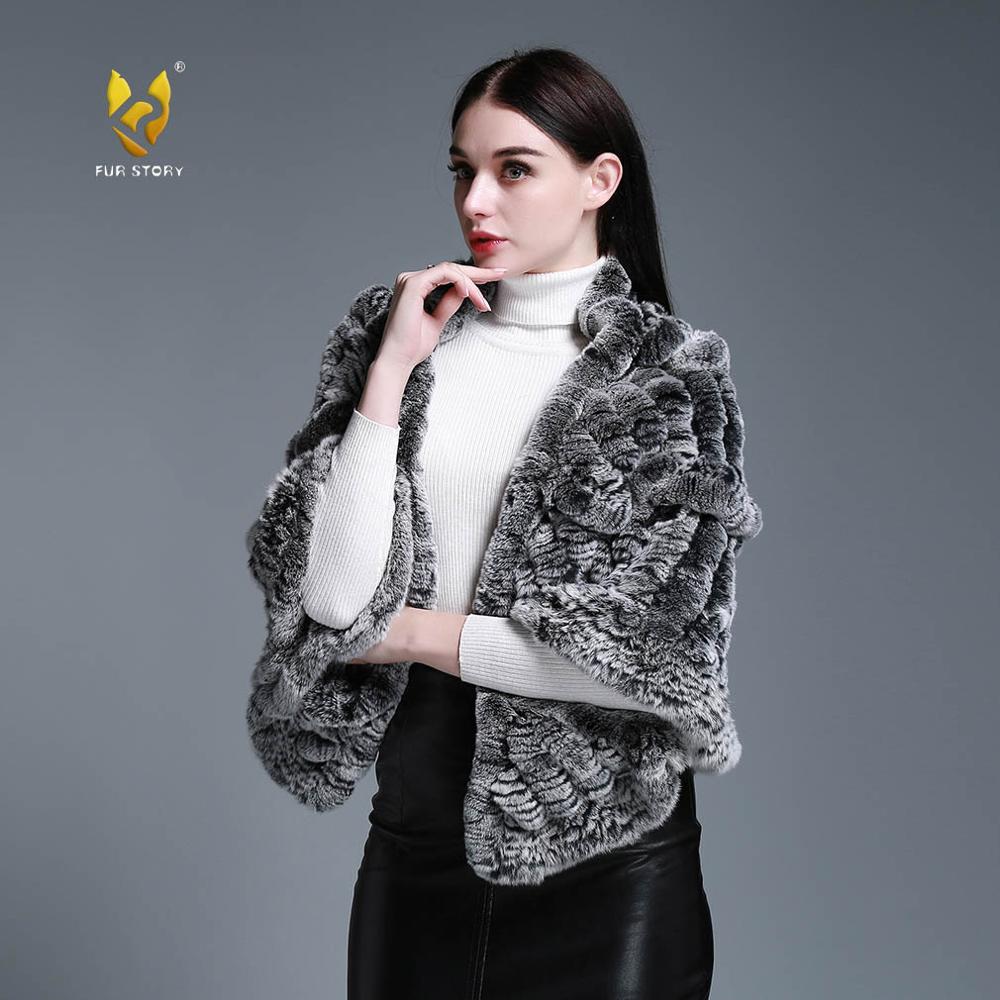 FUR STORY Real Knitted rabbit fur cloaks Womens shawl poncho stole cape wrap 070124