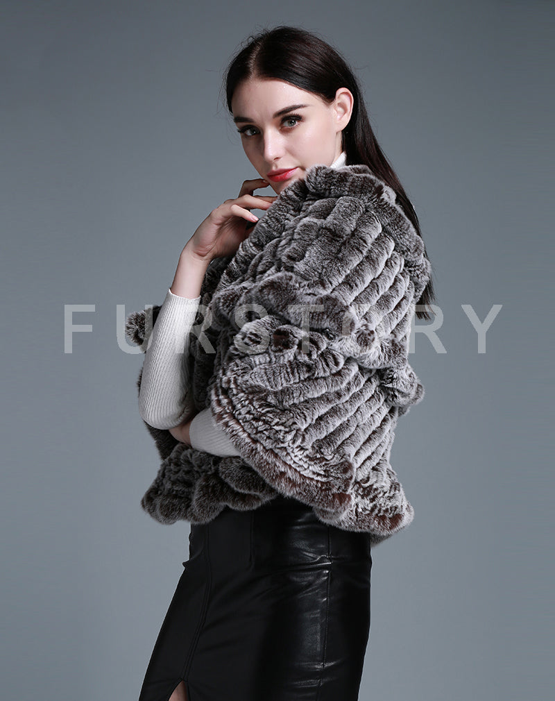 FUR STORY Real Knitted rabbit fur cloaks Womens shawl poncho stole cape wrap 070124