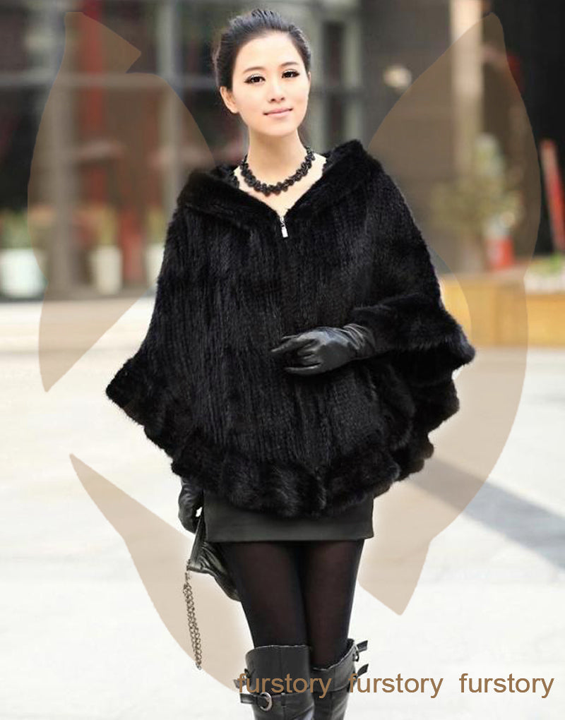 FUR STORY Womens Knitted Mink Fur Shawl Real Fur Scarf Natural Mink Poncho Coat 070304
