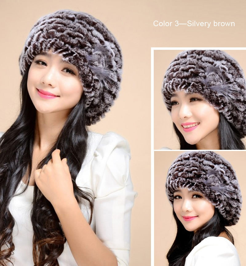 Winter Hats Knitted Real REX Rabbit Fur Hat Good Quality Beret Cap Popular Fur Flower Decorative Headgear Headdress Head Warmer Womens Beanies for Winter FS14601