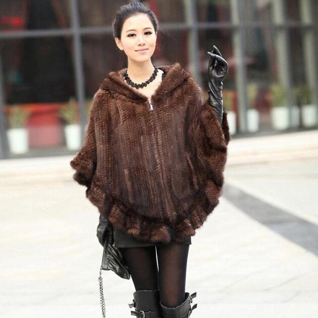 FUR STORY Womens Knitted Mink Fur Shawl Real Fur Scarf Natural Mink Poncho Coat 070304