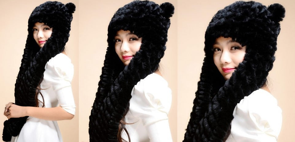Winter Hats for Women with Ear Flaps Knitted Real REX Rabbit Fur Hat Multi-used Scarf Glove Cute Beanie Winter Fur Cap Headgear Head Warmer Headdress FS14611