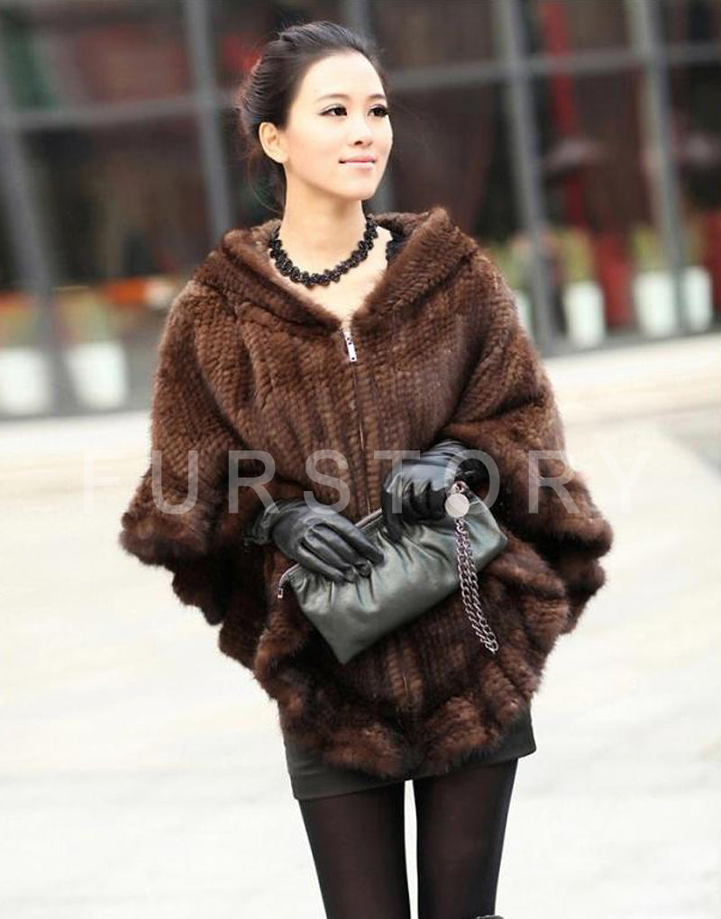 FUR STORY Womens Knitted Mink Fur Shawl Real Fur Scarf Natural Mink Poncho Coat 070304
