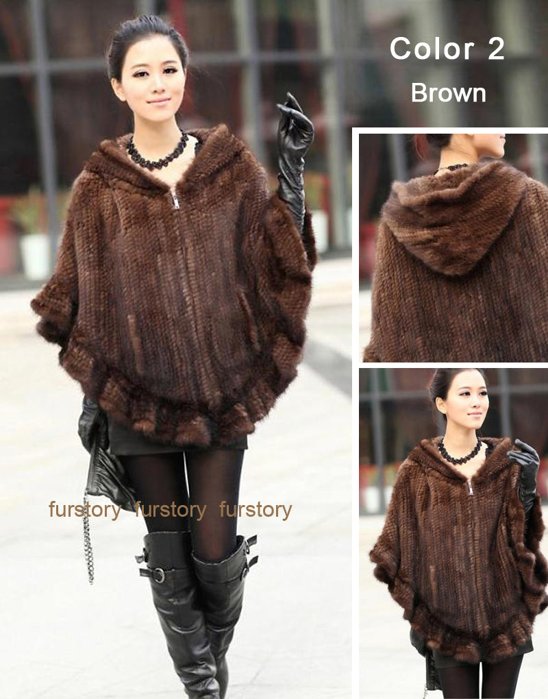 FUR STORY Womens Knitted Mink Fur Shawl Real Fur Scarf Natural Mink Poncho Coat 070304