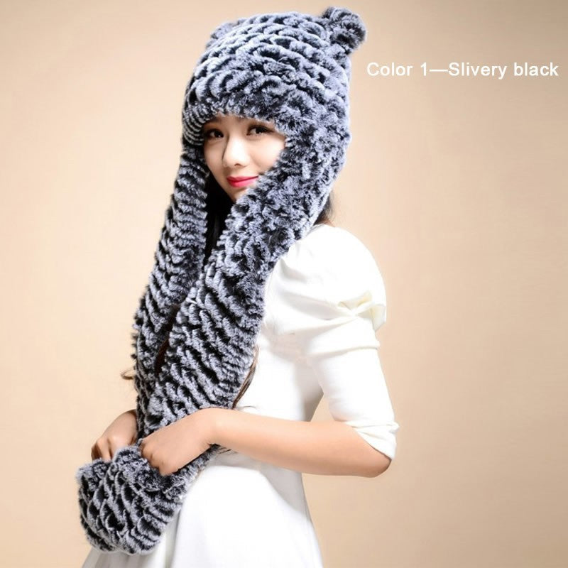 Winter Hats for Women with Ear Flaps Knitted Real REX Rabbit Fur Hat Multi-used Scarf Glove Cute Beanie Winter Fur Cap Headgear Head Warmer Headdress FS14611