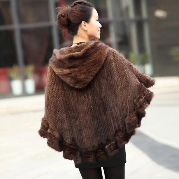 FUR STORY Womens Knitted Mink Fur Shawl Real Fur Scarf Natural Mink Poncho Coat 070304