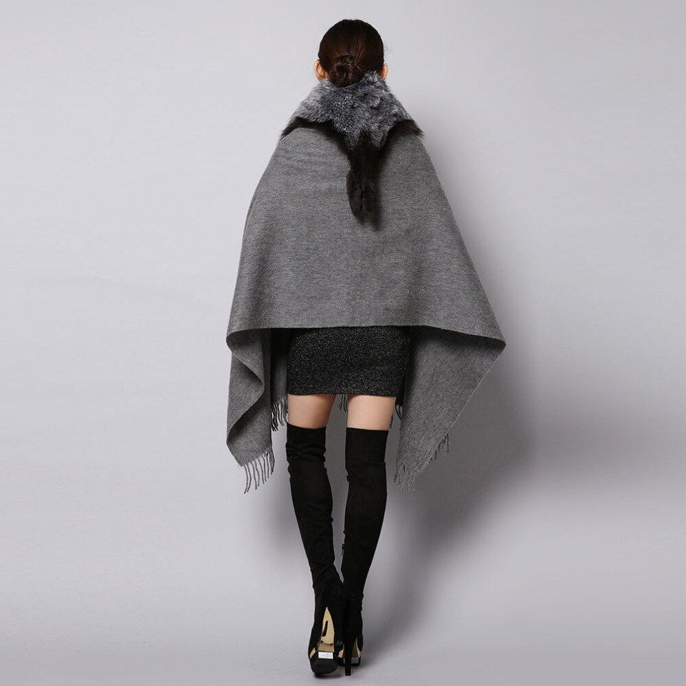 Fashion Cashmere Shawl with Big Fox Collar Natural Fur Poncho 15727