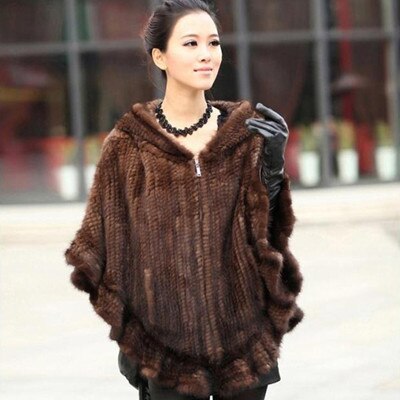 FUR STORY Womens Knitted Mink Fur Shawl Real Fur Scarf Natural Mink Poncho Coat 070304
