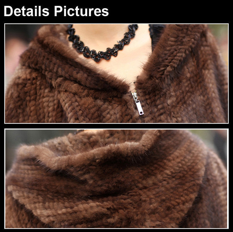FUR STORY Womens Knitted Mink Fur Shawl Real Fur Scarf Natural Mink Poncho Coat 070304