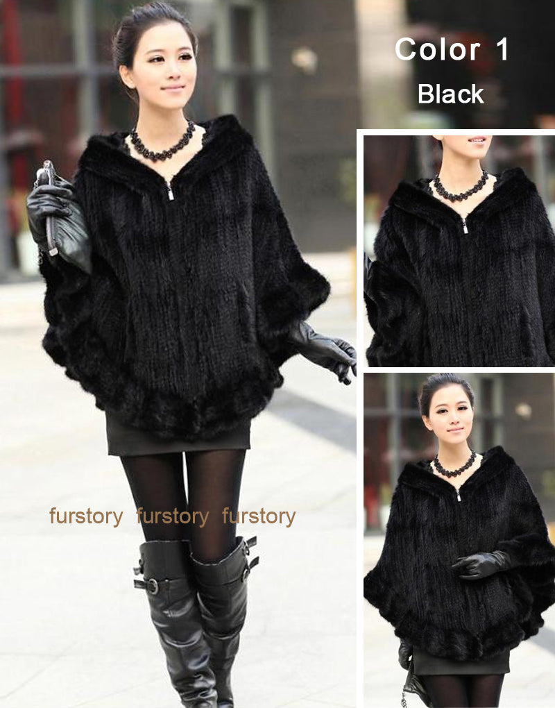 FUR STORY Womens Knitted Mink Fur Shawl Real Fur Scarf Natural Mink Poncho Coat 070304