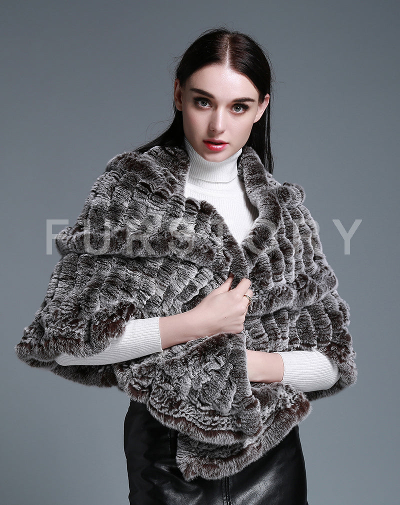 FUR STORY Real Knitted rabbit fur cloaks Womens shawl poncho stole cape wrap 070124