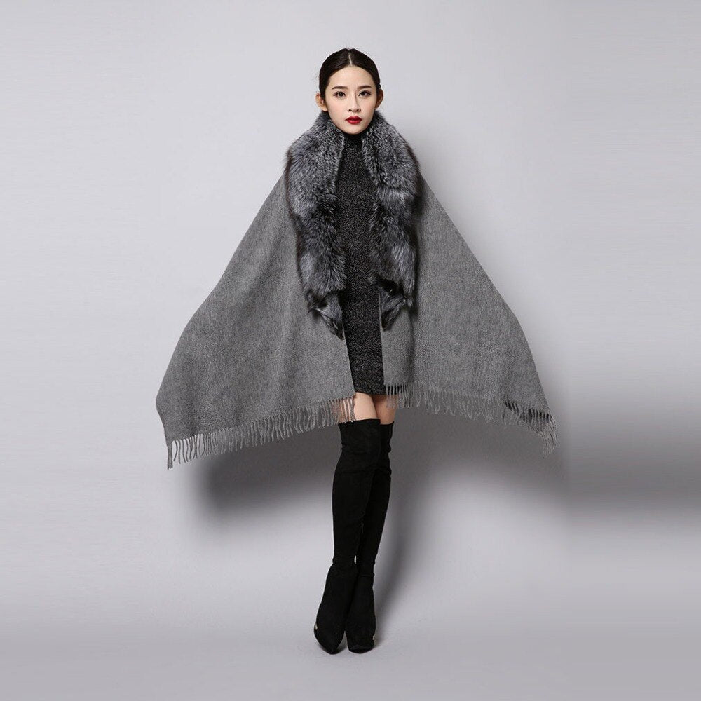 Fashion Cashmere Shawl with Big Fox Collar Natural Fur Poncho 15727