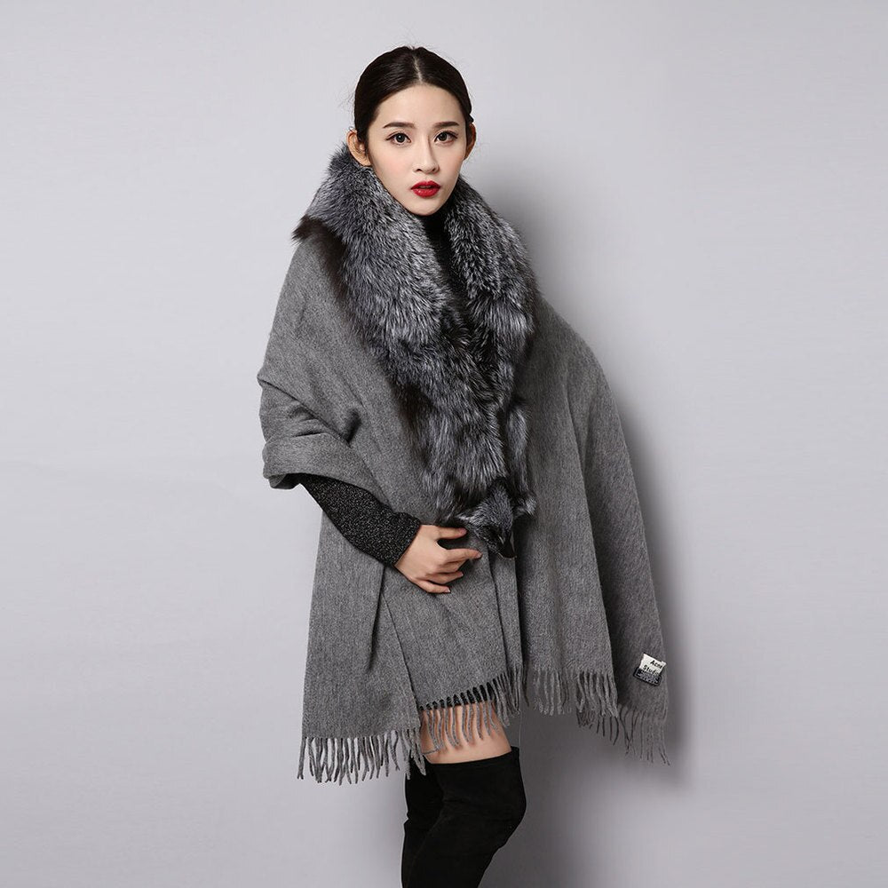 Fashion Cashmere Shawl with Big Fox Collar Natural Fur Poncho 15727