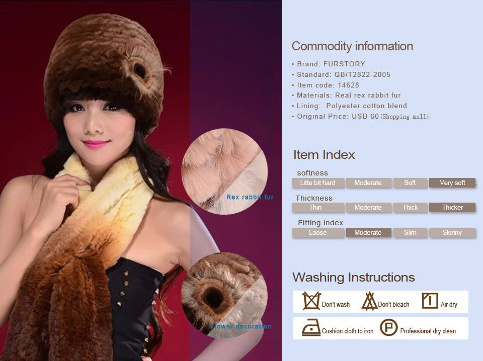 Hat Women Knitted Real Rex Rabbit Fur Hat Fur Cap Thick Beanie Fox Fur Flower Decoration Headgear Headdress Head Warmer Knitted Hats for Women FS14628