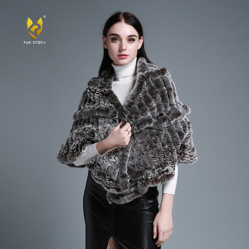 FUR STORY Real Knitted rabbit fur cloaks Womens shawl poncho stole cape wrap 070124