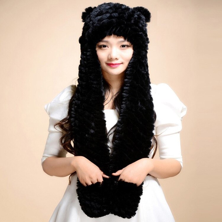 Winter Hats for Women with Ear Flaps Knitted Real REX Rabbit Fur Hat Multi-used Scarf Glove Cute Beanie Winter Fur Cap Headgear Head Warmer Headdress FS14611