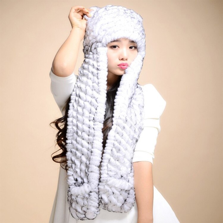 Winter Hats for Women with Ear Flaps Knitted Real REX Rabbit Fur Hat Multi-used Scarf Glove Cute Beanie Winter Fur Cap Headgear Head Warmer Headdress FS14611