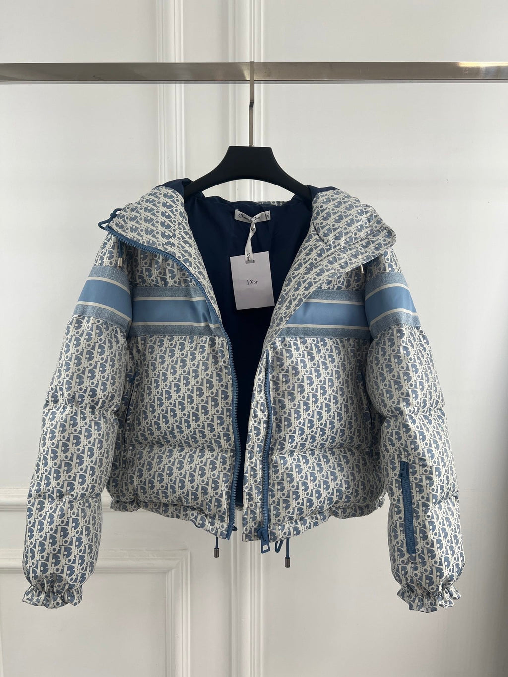 Dior 2026 Oblique Cropped Puffer Jacket Blue White Polyester Down