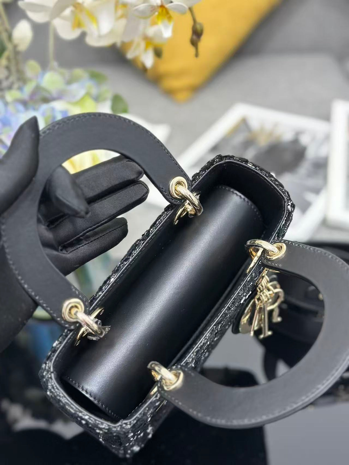 Dior 2026 Lady Dior Bag 20cm Black Gold Tweed Leather