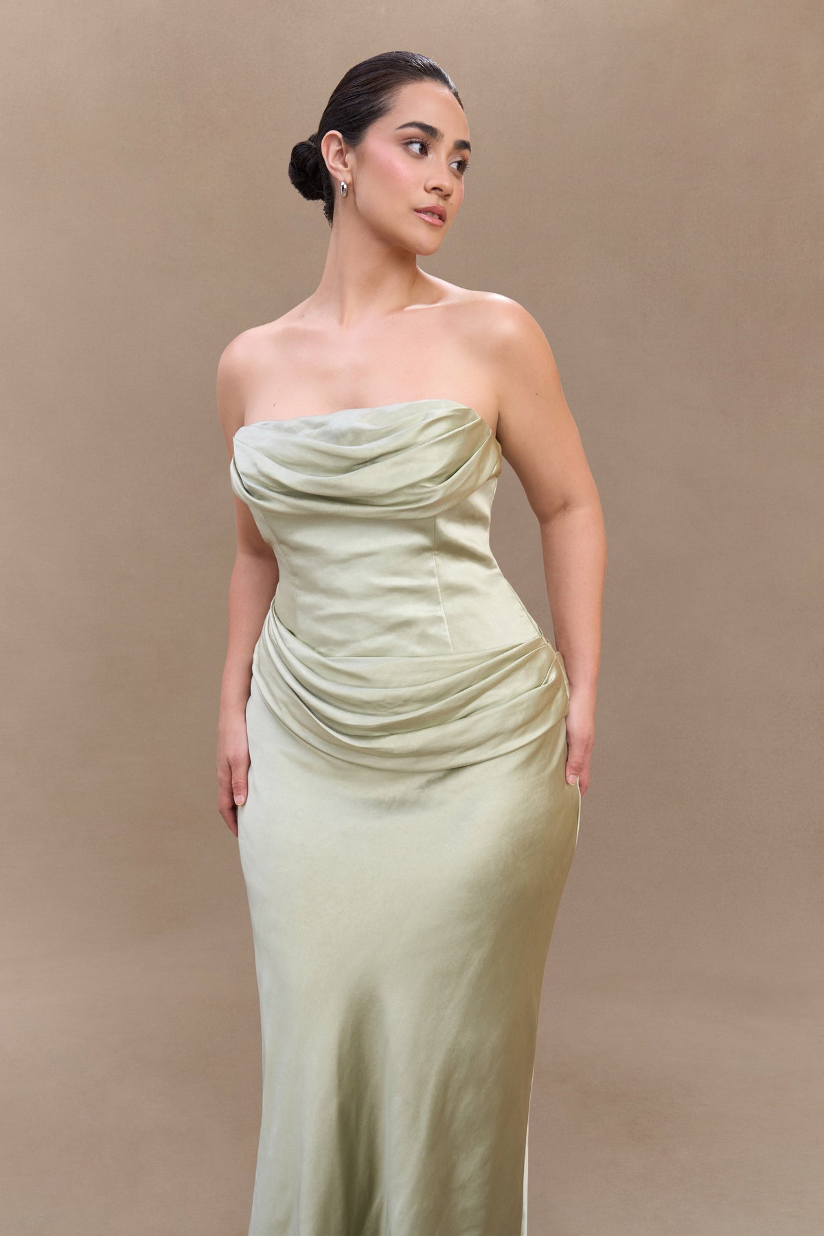 Jasmine Strapless Satin Maxi Dress - Sage