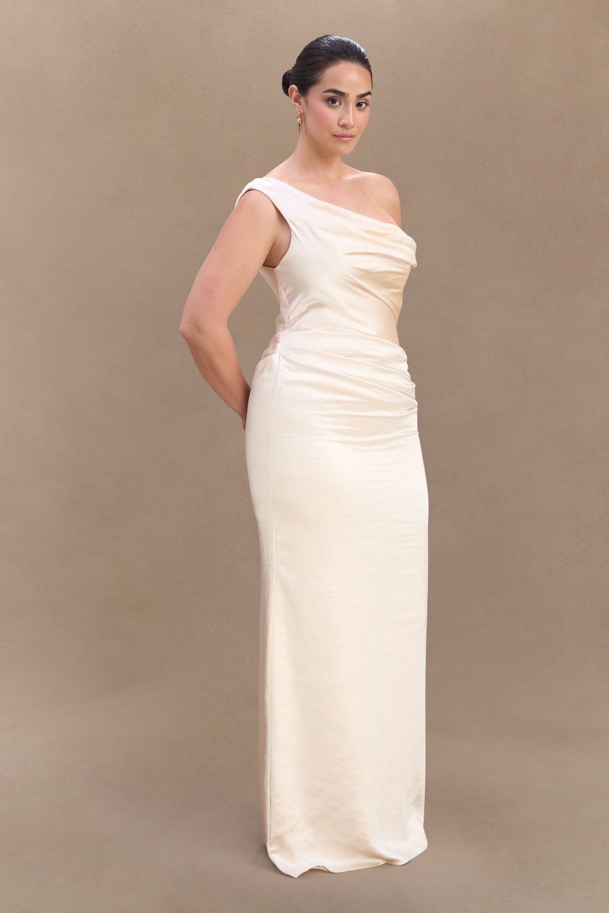 Dalia Off Shoulder Satin Maxi Dress - Blush Gold