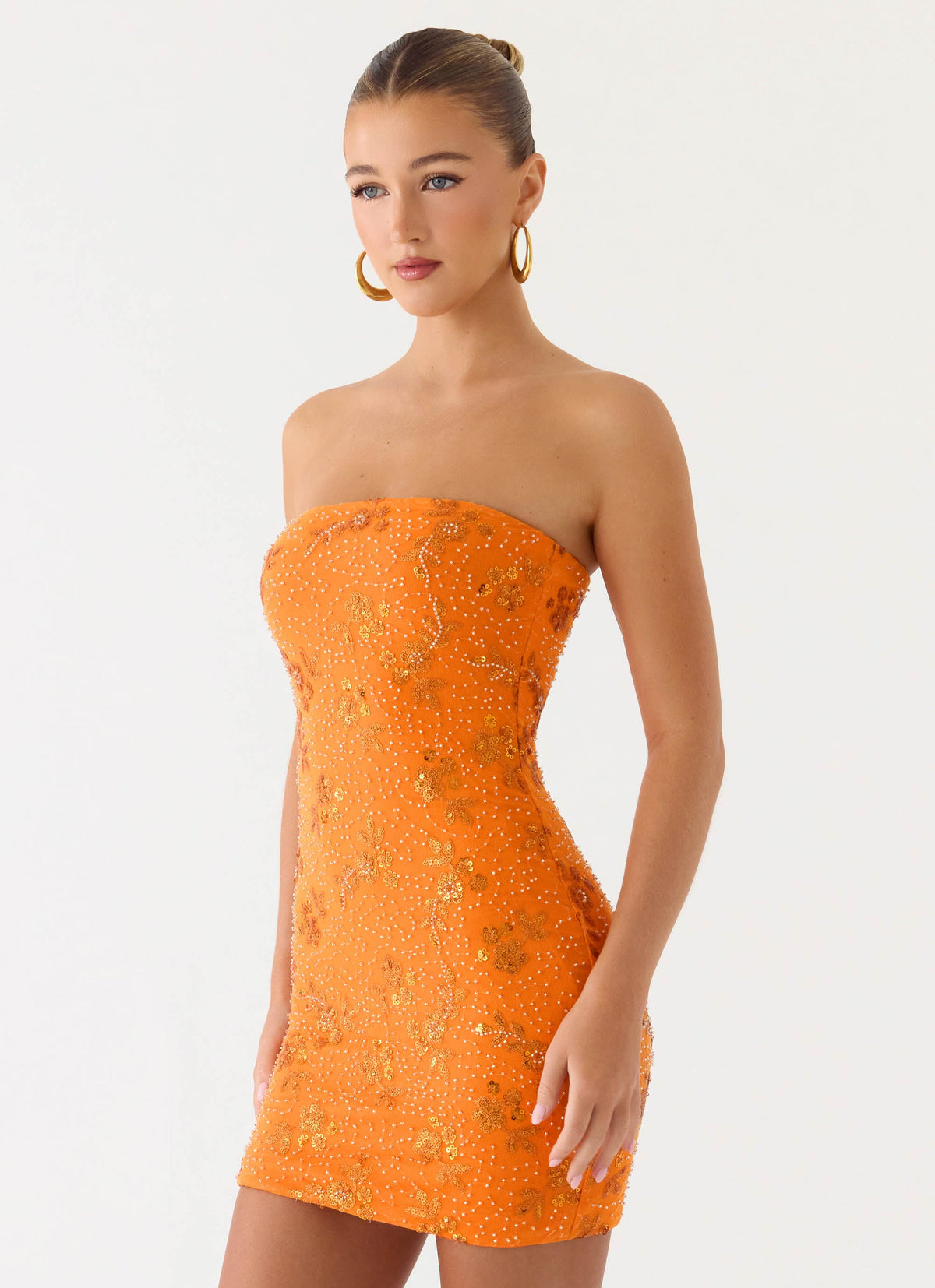 Push Back Beaded Sequin Mini Dress - Orange