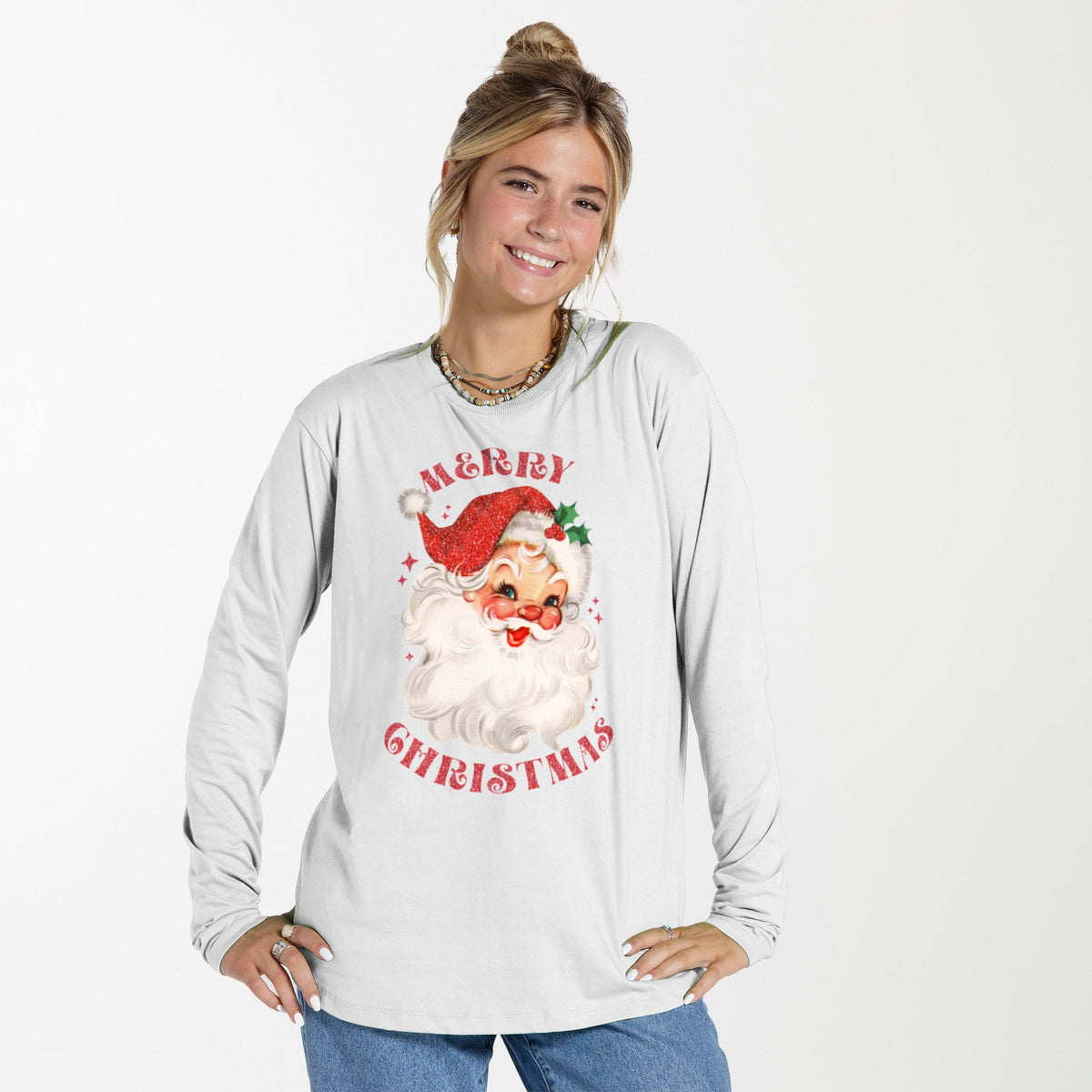 Glitter Santa Long Sleeve 100% Cotton Tee