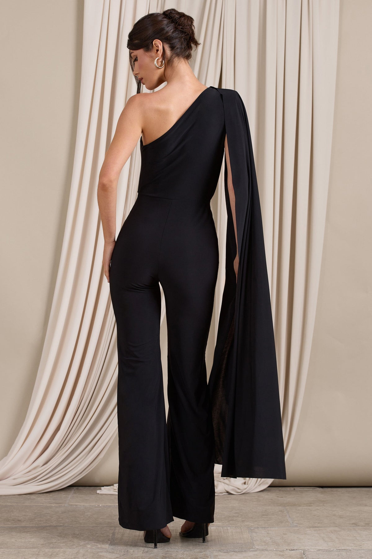 Aurora | Black One Shoulder Cape Sleeve Jumpsuit