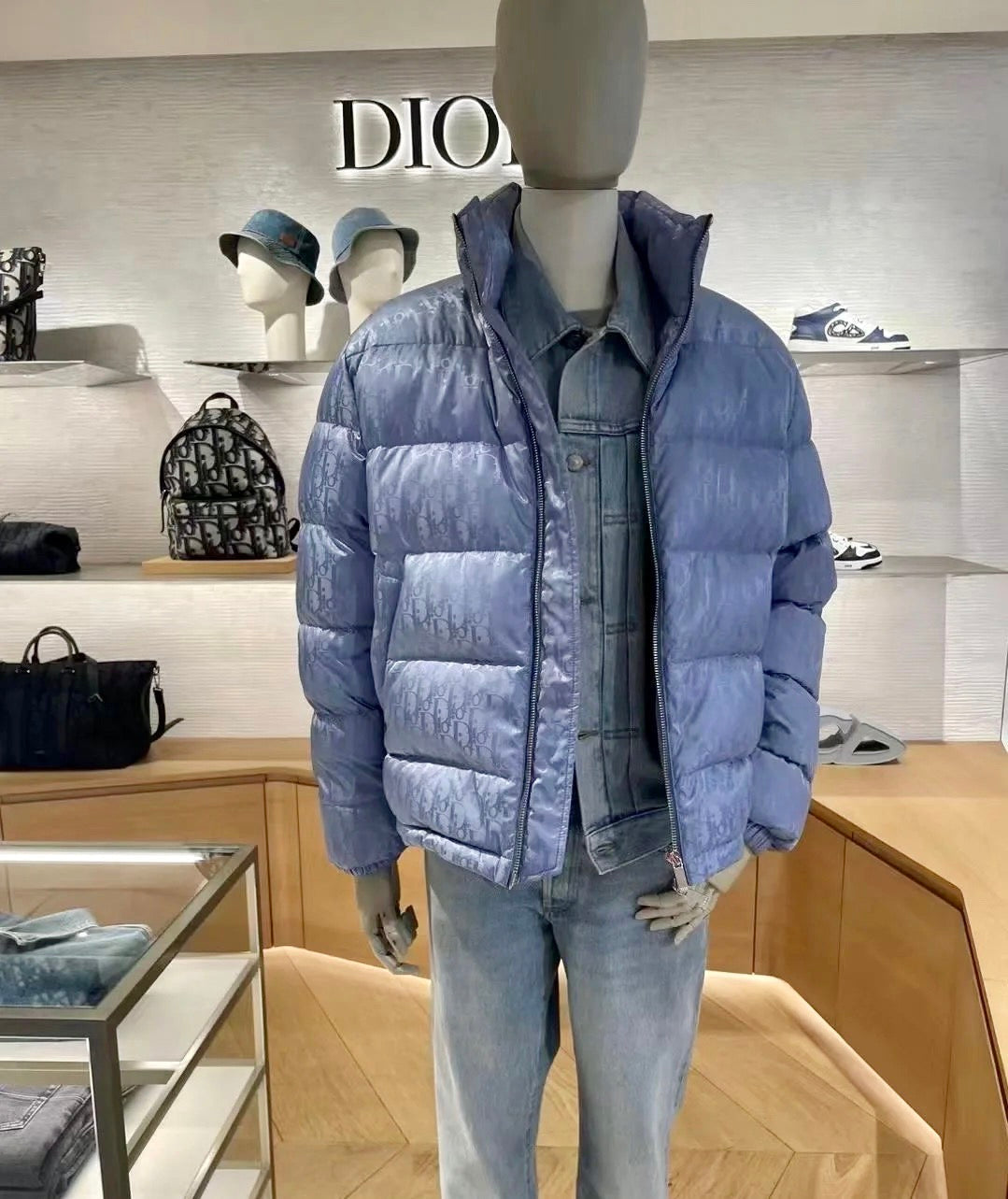 Dior Oblique Down Jacket Blue Jacquard Fabric