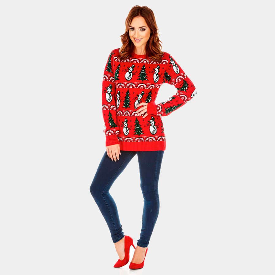 Womens Red Ugly Christmas Sweater with Trees and Snowmen