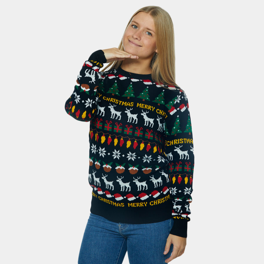 Womens Black Ugly Christmas Sweater with Trees, Reindeer and Gifts