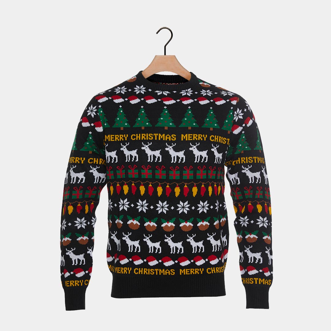 Womens Black Ugly Christmas Sweater with Trees, Reindeer and Gifts